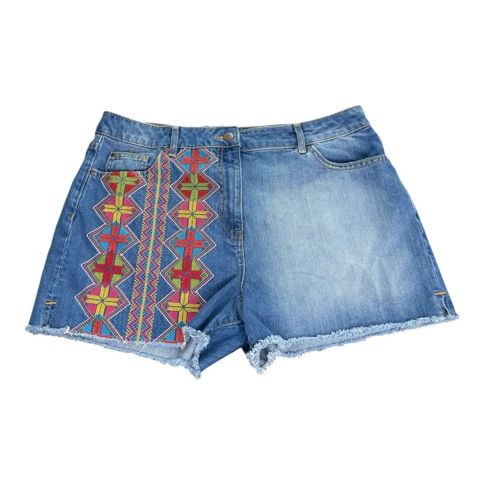 Womens Festival Denim Shorts Embroidered Boho High Waist Cut Off Size 16